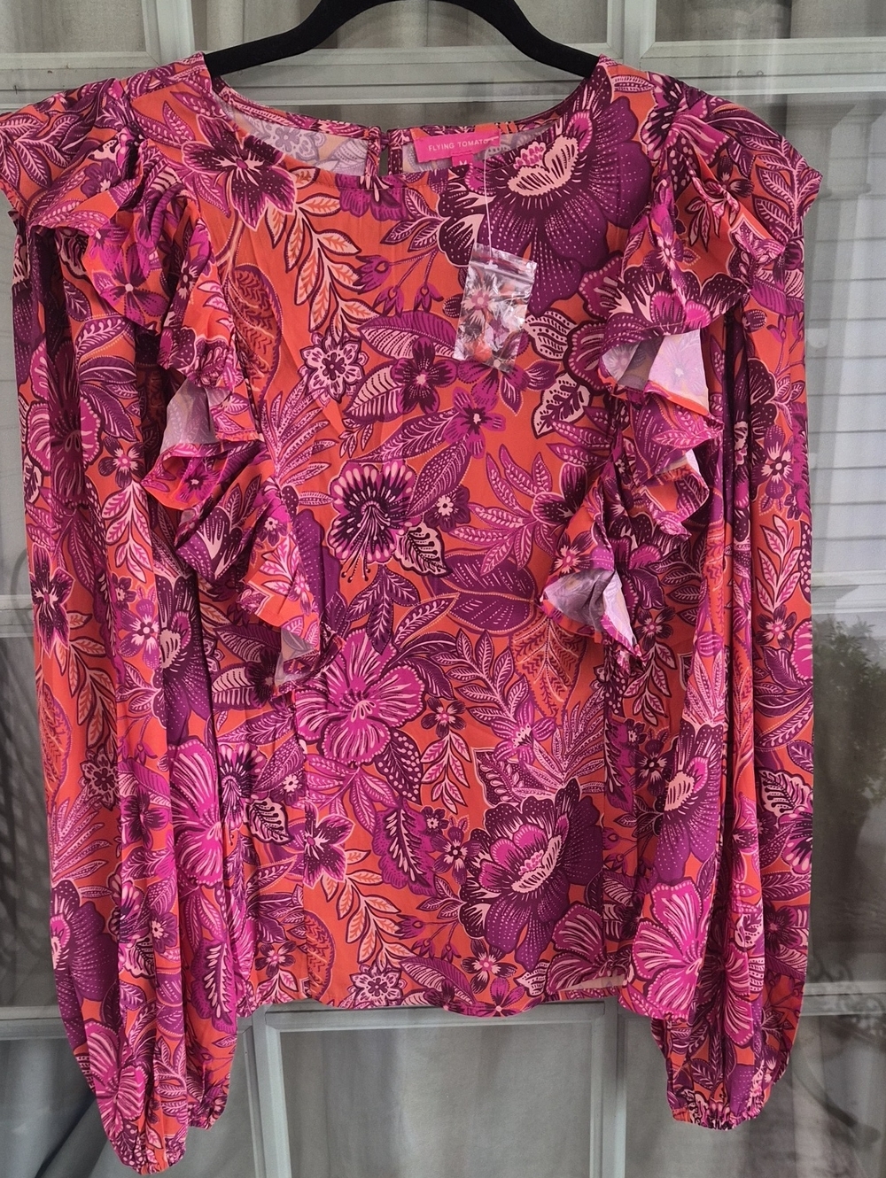 Flying Tomato Pink and Orange Floral Ruffle Blouse